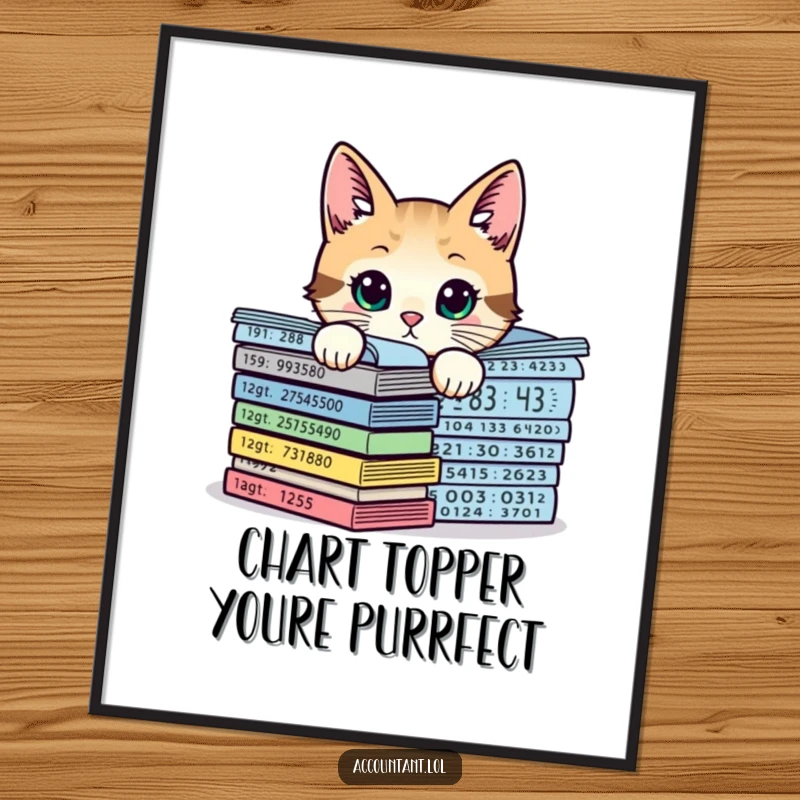 Funny Free Printable Wall Art: A curious cat accountant peeking over stacks of financial charts, bringing office humor.