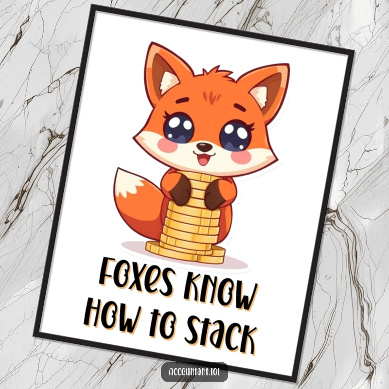 Funny Free Printable Fox Wall Art: A giddy red fox with wide, excited eyes stacks oversized coin stacks, bringing playful energy to your decor.