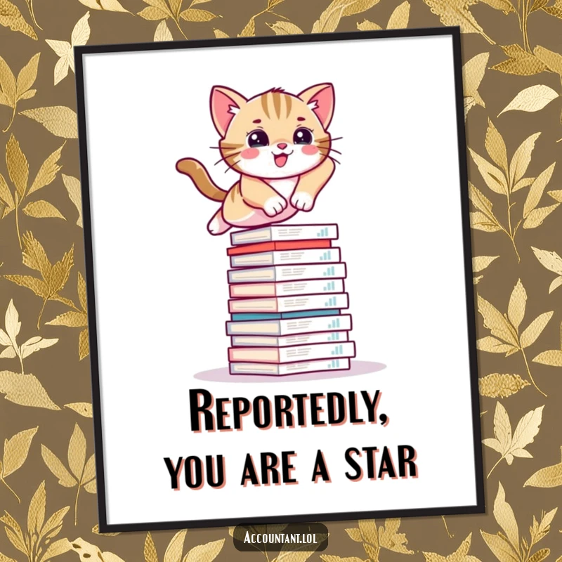 Funny Free Printable kitten wall art of a playful cat jumping over a massive stack of financial reports.