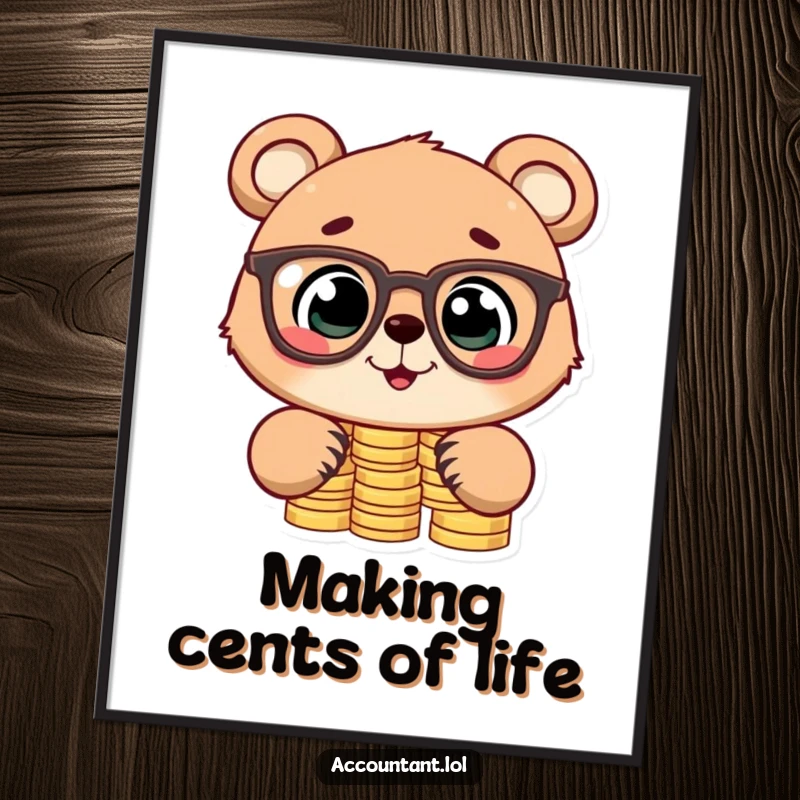 Funny Free Printable Wall Art: Cute bear cub with glasses happily stacking coins, a whimsical and humorous art piece.
