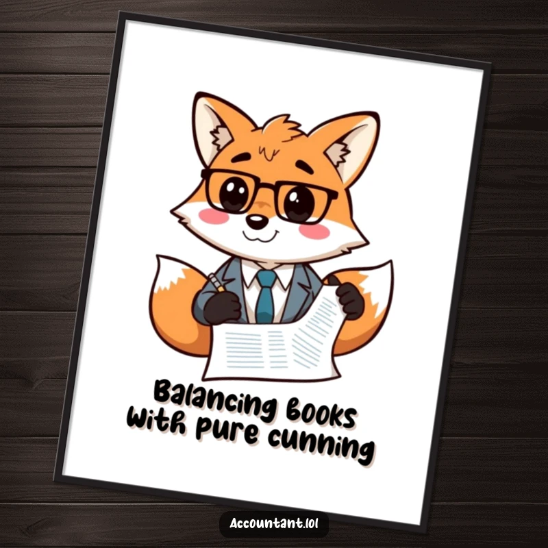 Funny Free Printable Wall Art: A grinning fox accountant confidently draws a smiley face on a financial statement, adding playful charm.