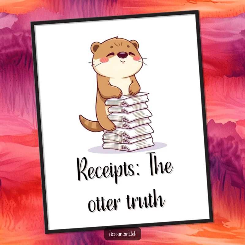 Funny free printable wall art of a playful otter winking while balancing a precarious pile of receipts, adding humor.