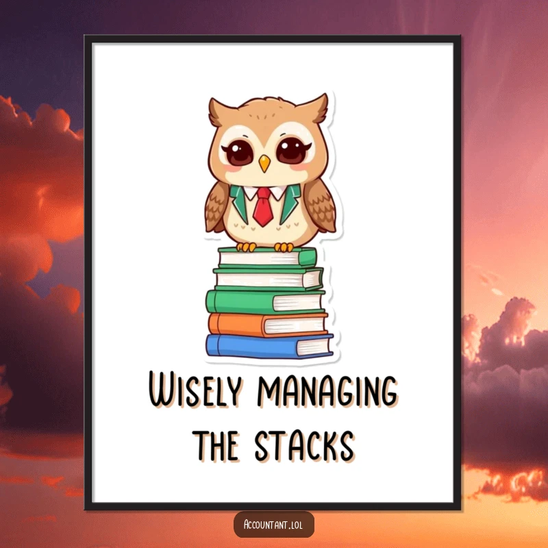 Funny Free Printable Wall Art: A wise owl accountant sits contentedly on books, blinking with satisfaction, offering intellectual office humor.