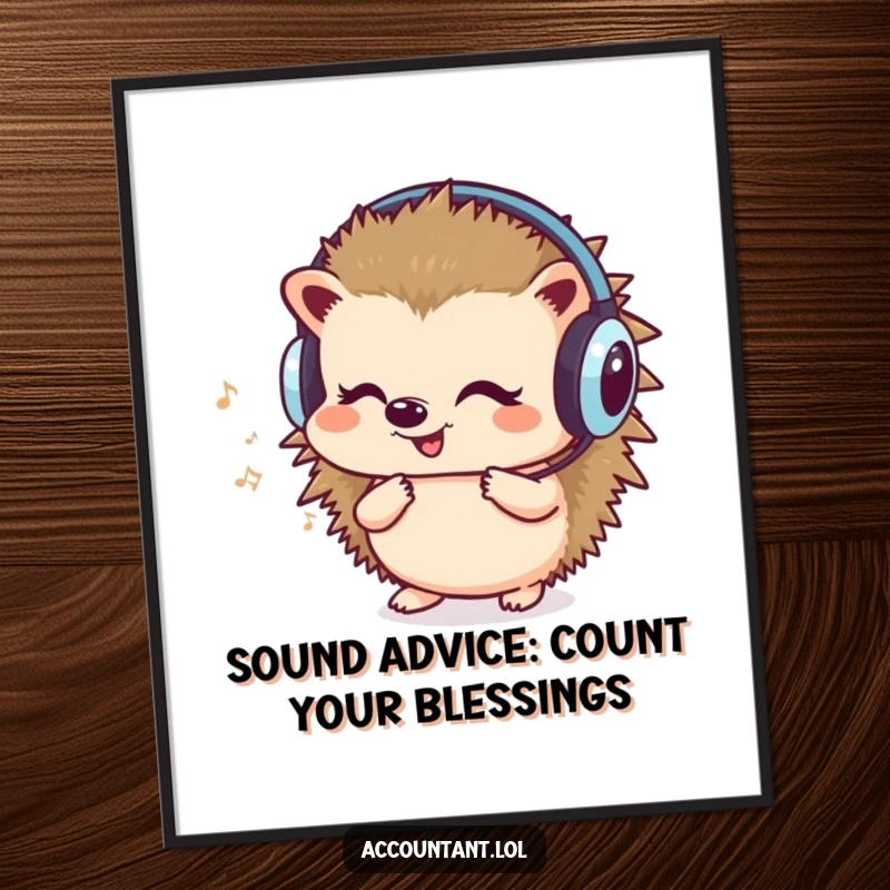 Funny Free Printable Wall Art: Cute hedgehog wearing headphones, engrossed in counting money while happily humming a tune.
