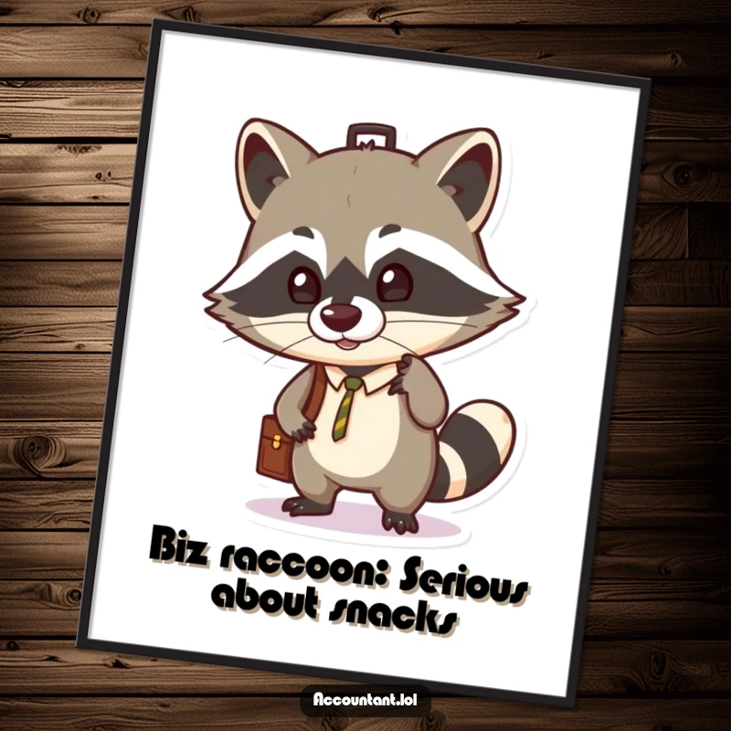 Funny Free Printable Wall Art: Mischievous raccoon intently balancing a briefcase on its nose, ready for a day of important business.