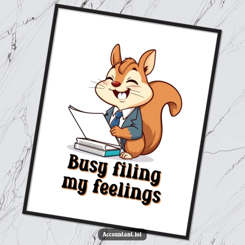 Funny Free Printable Wall Art: Cheerful squirrel in suit giggling while filing documents, organized office decor, downloadable art.