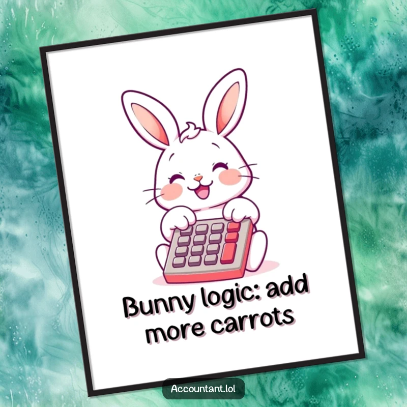 Funny Free Printable Wall Art: A cheerful bunny smiles while tapping a calculator with its front paws, looking busy.
