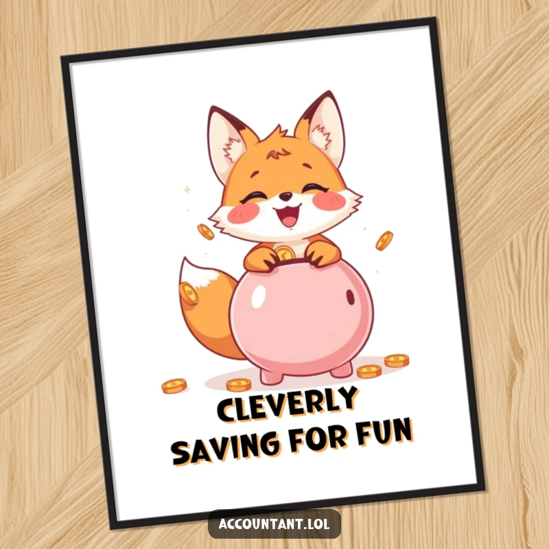Funny Free Printable Wall Art: A cheerful fox cub joyfully throws coins into a piggy bank, depicting financial prudence humorously.