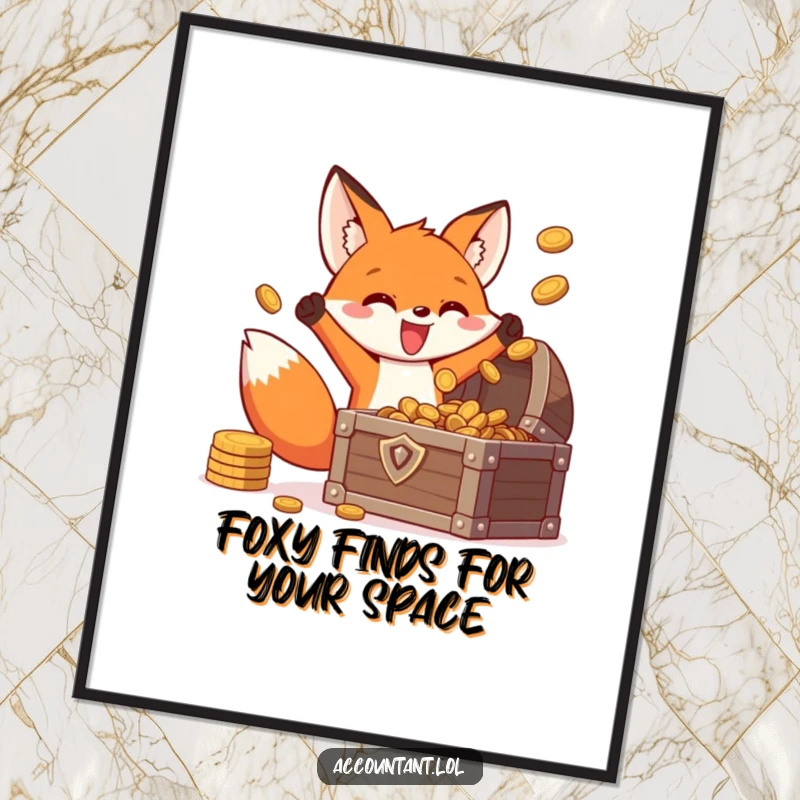 Funny Free Printable Wall Art: An energetic fox joyfully tossing coins into a treasure chest with a triumphant pose.