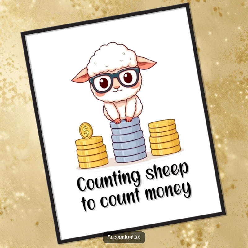 Funny Free Printable Wall Art: A sheep wearing glasses precariously balances a large stack of coins, looking intelligent.