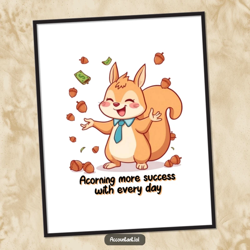 Funny Free Printable Wall Art: A happy squirrel accountant is joyfully juggling a pile of acorns like currency.