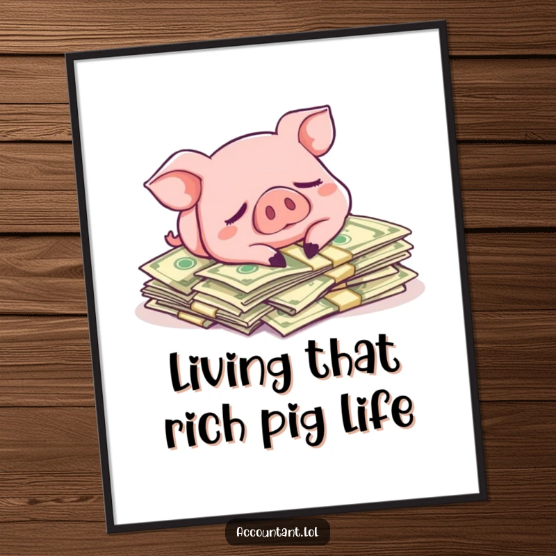 Funny Free Printable Wall Art: A happy pig peacefully napping on a large, overflowing pile of crisp dollar bills.