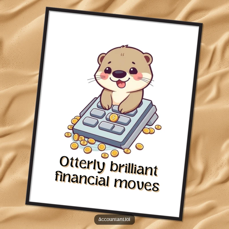 Funny Free Printable otter wall art of a giggling otter sliding down a calculator button into a pile of coins.