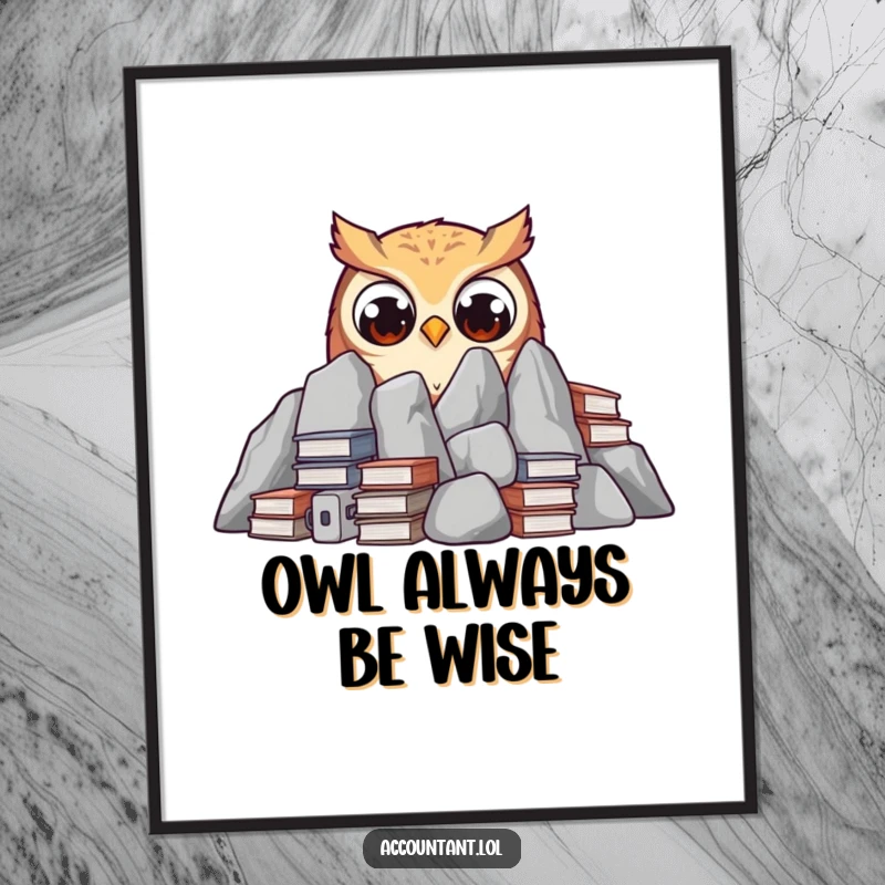 Funny Free Printable Wall Art: A wide-eyed, curious owl peeking out from behind a towering stack of old ledgers.