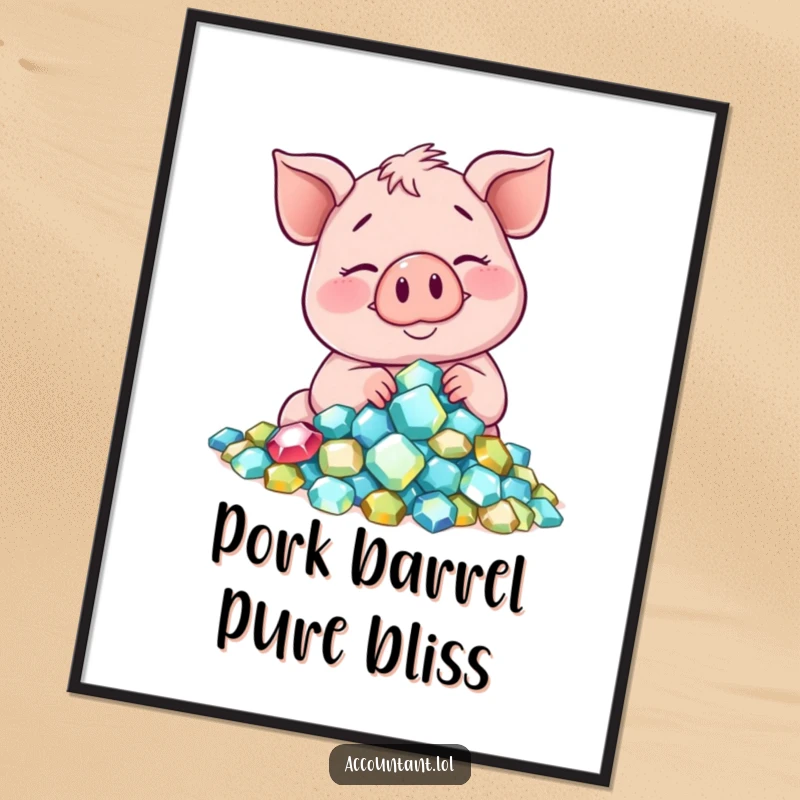 Funny Free Printable Wall Art: A smiling pig contentedly counting a pile of sparkling gems, bringing luxurious humor.