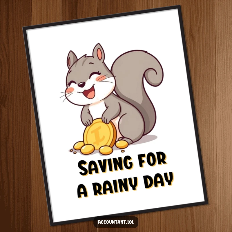 Funny Free Printable Wall Art: A joyful squirrel is burying a giant golden coin, bringing a sense of wealth and happiness.