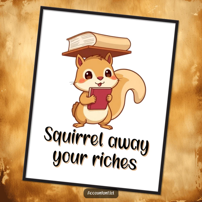 Funny Free Printable Wall Art: A determined squirrel balances a huge ledger on its head, a symbol of controlled chaos.