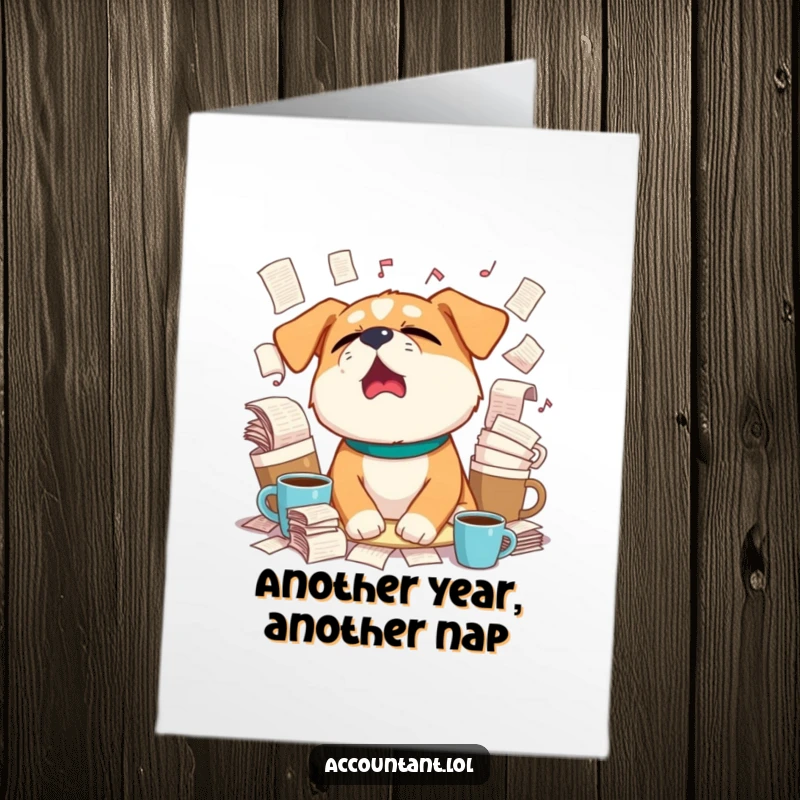Funny Free Printable Birthday Card: A sleepy dog yawns widely amidst overflowing coffee cups and scattered paperwork.