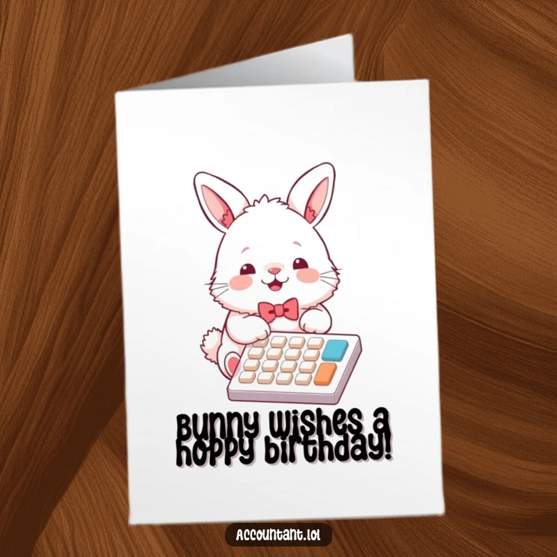 Funny Free Printable Birthday Card: Fluffy bunny in bowtie joyfully tapping calculator keys, celebrating with numbers.
