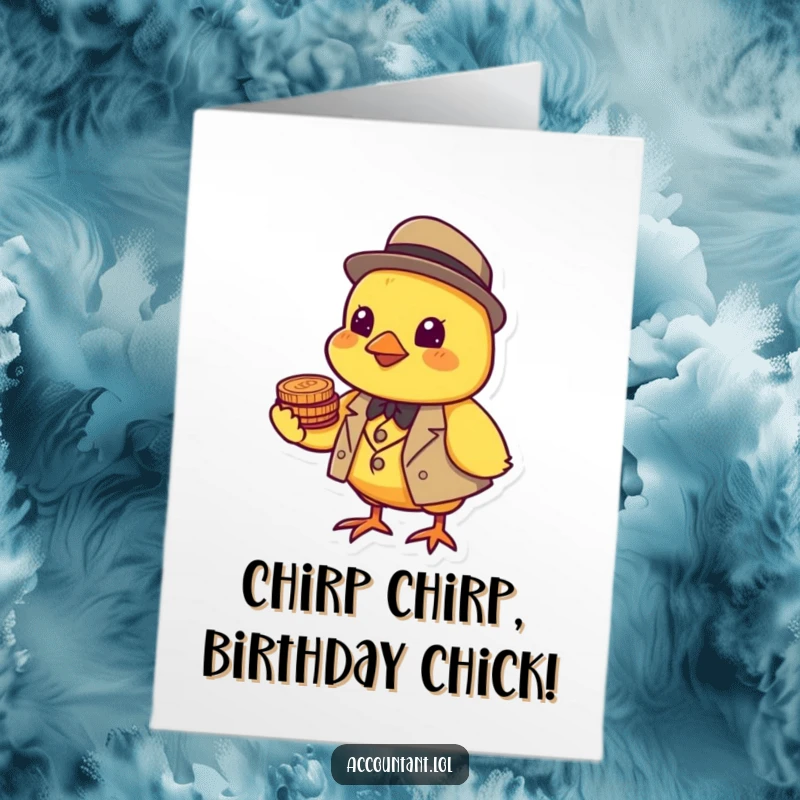 Funny Free Printable Chick Birthday Card: A cheerful yellow chick in a tiny suit perfectly balances coins on its beak, wishing you a Happy Birthday.