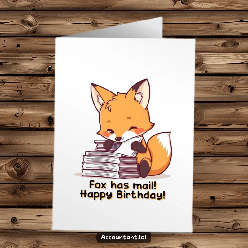 Funny free printable fox card with a curious fox intently stamping documents, perfect for a birthday greeting. DL size.