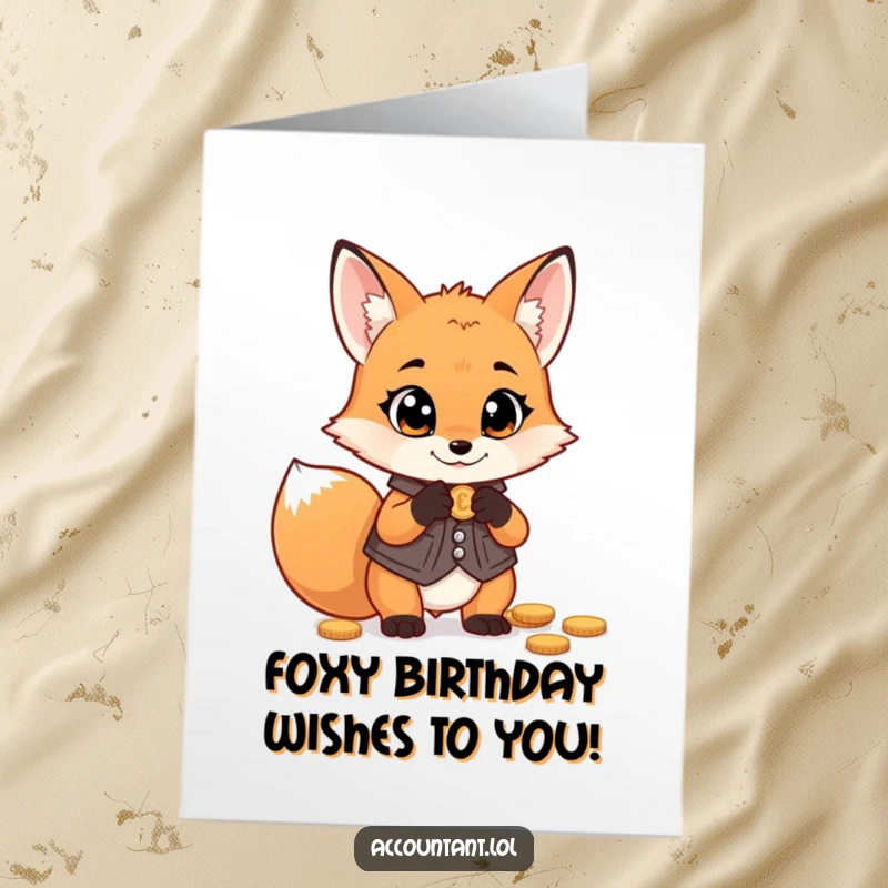 Funny Free Printable Birthday Card: Mischievous fox in vest counting coins with wide eyes, birthday wishes, money humor.