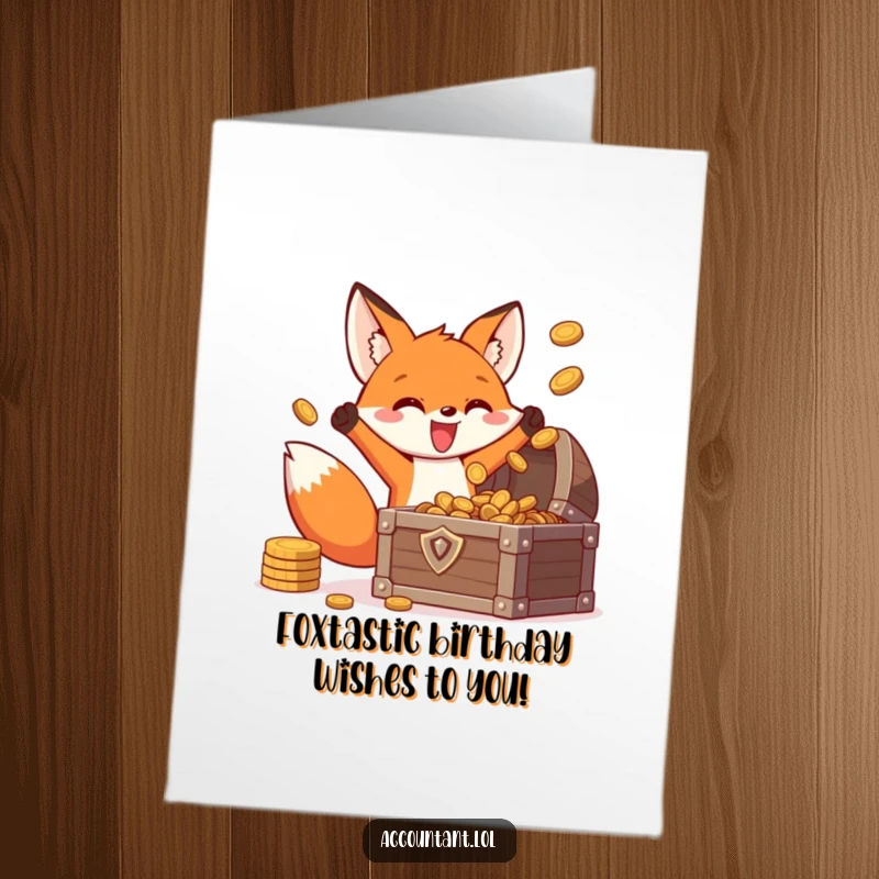 Funny Free Printable Birthday Card: Energetic fox joyfully tosses coins into a treasure chest, celebrating a birthday.