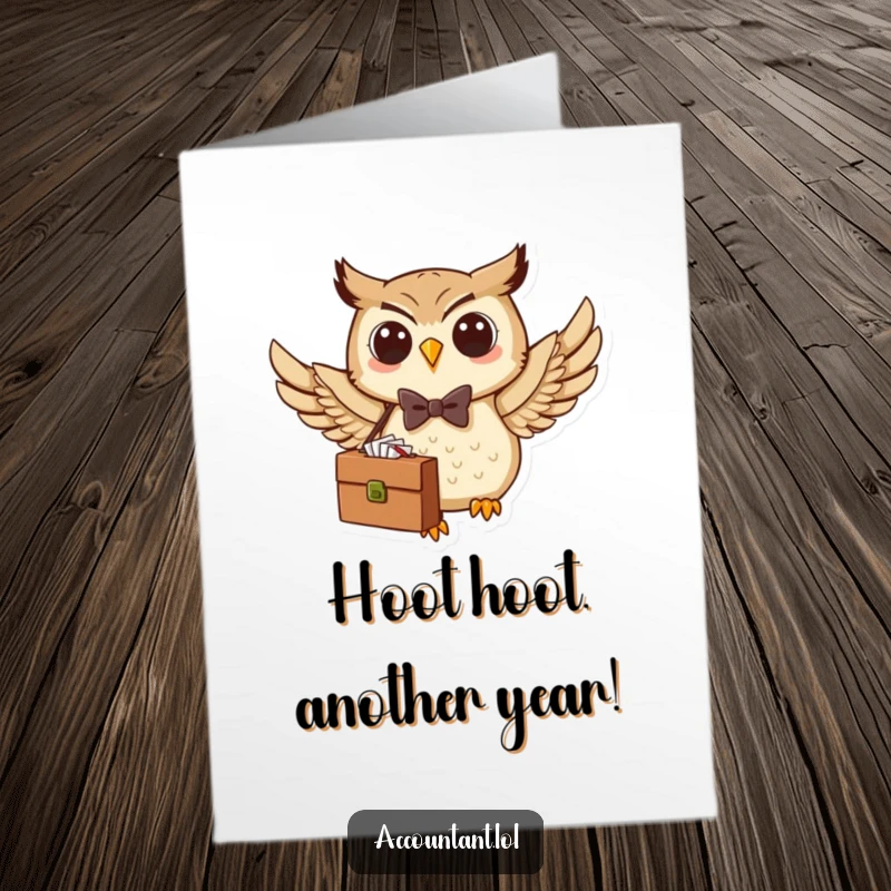 Funny Free Printable Birthday Card: A dapper owl in a bow tie flies with a briefcase, ready for a birthday surprise.