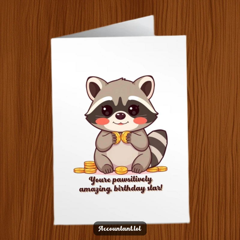 Funny Free Printable raccoon card with a blushing raccoon amazed by counting coins, for a birthday.