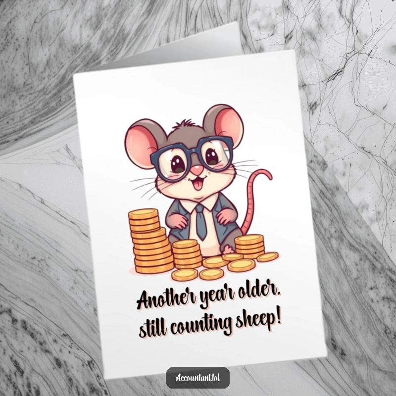 Funny Free Printable Birthday Card: A small mouse accountant with big glasses sorts tiny coins with excitement.