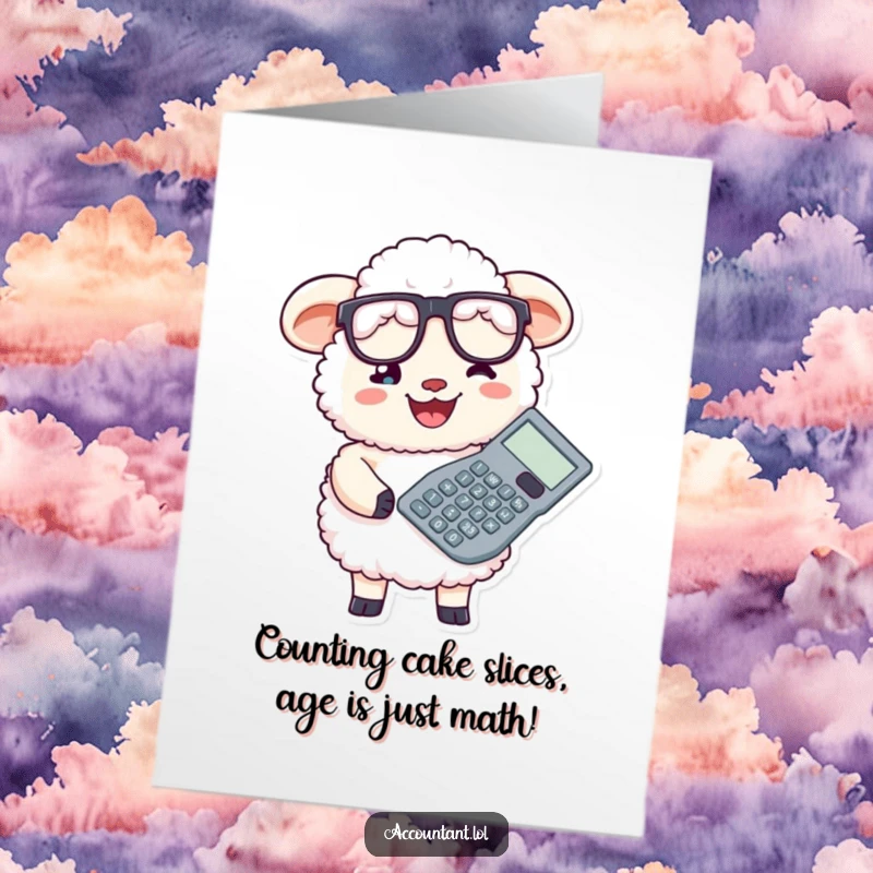 Funny Free Printable Birthday Card: A smiling sheep accountant in glasses holds a giant calculator, ready to crunch numbers with glee.