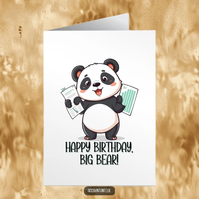 Funny Free Printable Birthday Card: A determined panda proudly holds up a perfectly balanced budget spreadsheet, looking very accomplished.