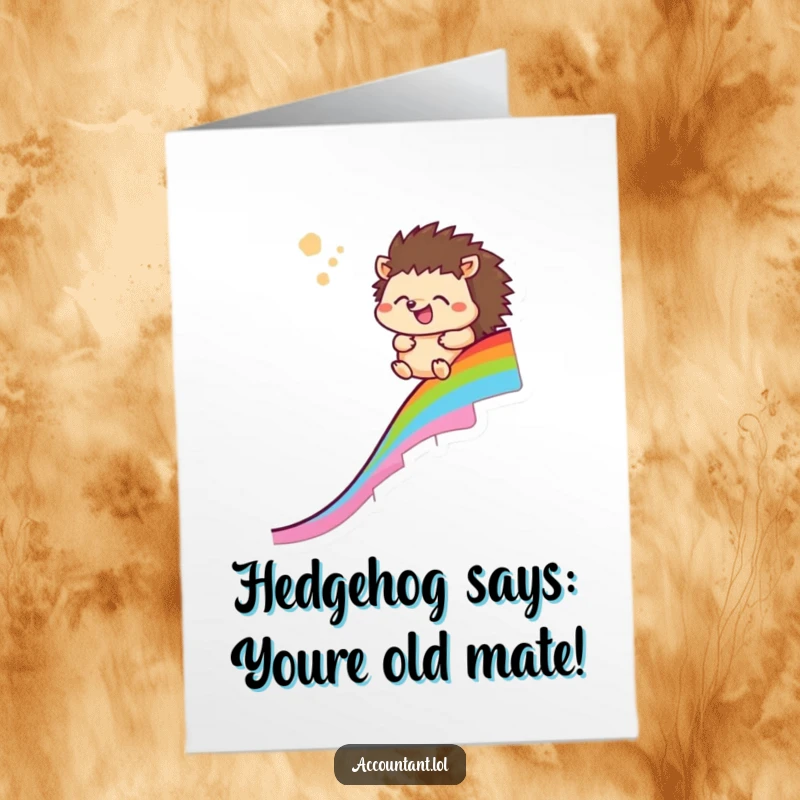 Funny free printable birthday card: A cheerful hedgehog joyfully slides down a vibrant rainbow chart with a sigh of relief.