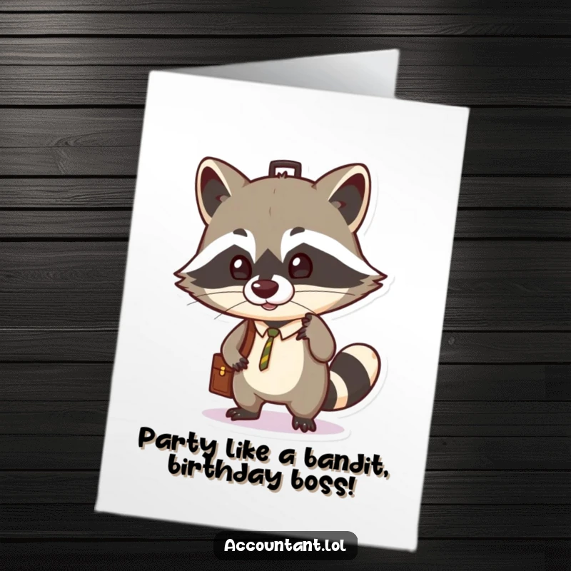 Funny Free Printable Birthday Card: Mischievous raccoon with a briefcase balanced perfectly on its nose, looking sly and ready for business.