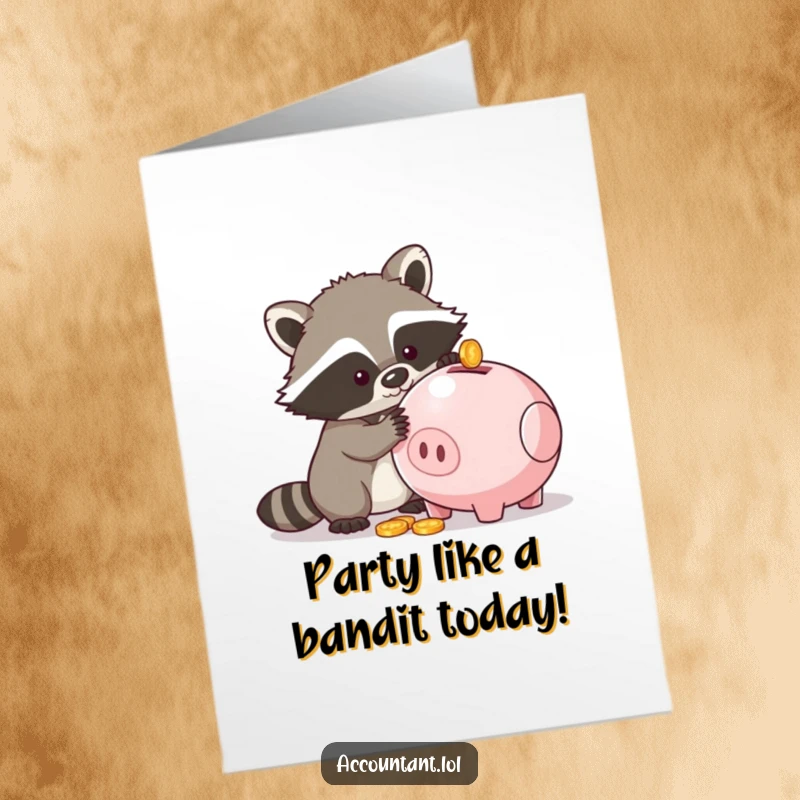 Funny Free Printable Birthday Card: Raccoon attempting to steal coins from a piggy bank with a sly grin.