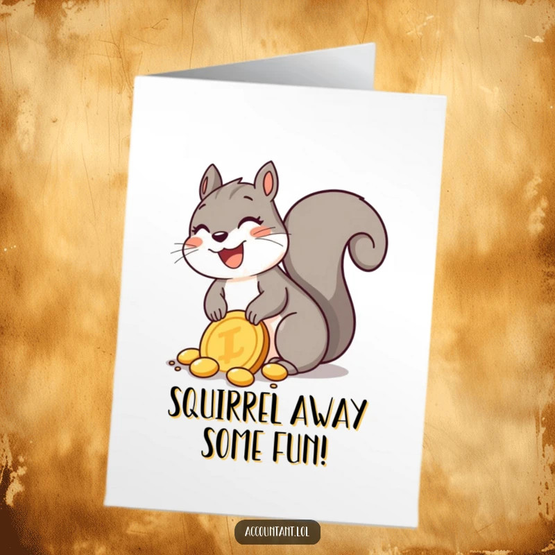 Funny Free Printable Birthday Card: A joyful squirrel excitedly buries a giant golden coin, celebrating a special occasion.