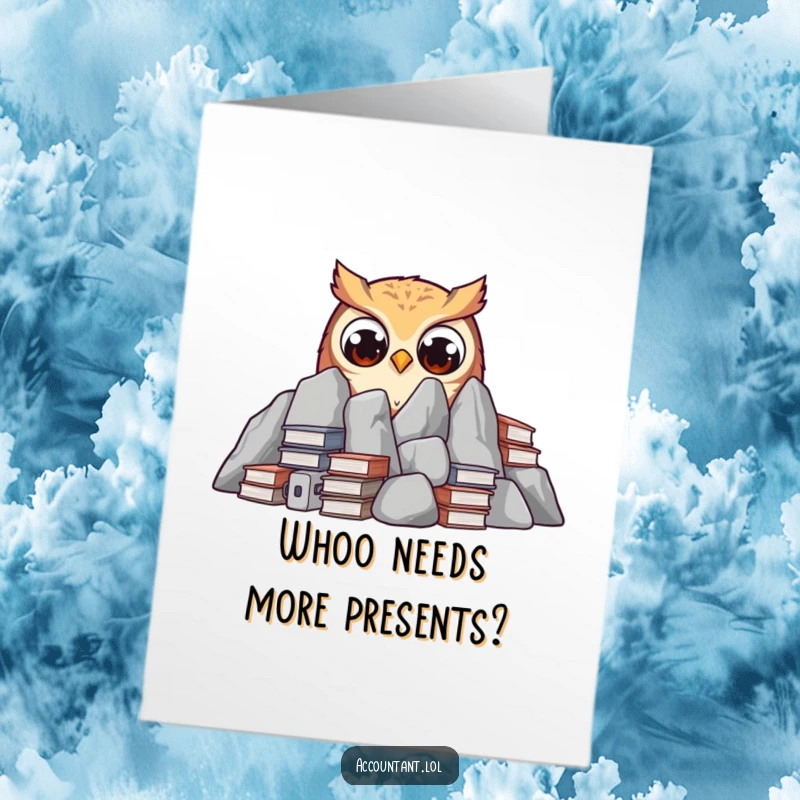 Funny Free Printable Birthday Card: A curious owl with wide eyes peeking from behind tall stacks of ledgers.