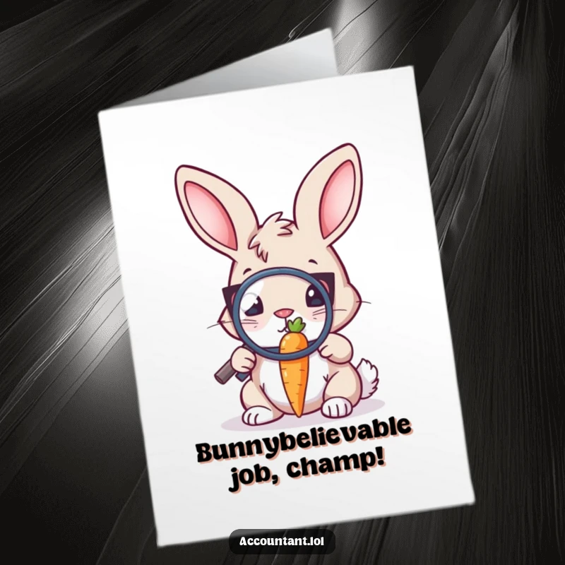 Funny Free Printable Congratulations Card: A focused bunny auditor scrutinizes a minuscule carrot with a large magnifying glass, celebrating a job well done.