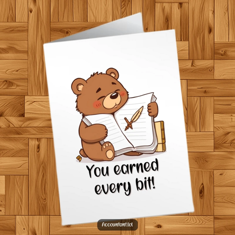 Funny Free Printable Bear Congratulations Card: A determined brown bear furiously scribbles in a ledger with a quill, marking your grand success.