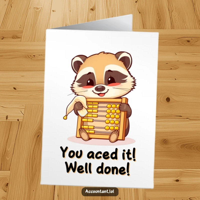 Funny Free Printable Congrats Card: A smiling badger gleefully polishes a golden abacus, celebrating success with calculating charm.