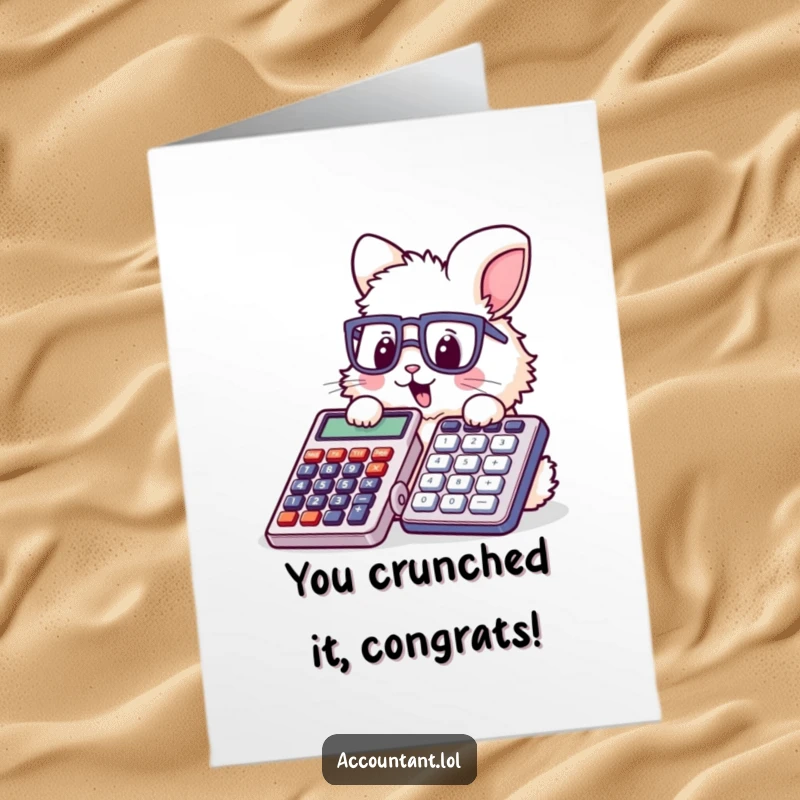 Funny Free Printable Congratulations Card: A fluffy bunny with glasses happily stamps a huge calculator, celebrating an achievement.