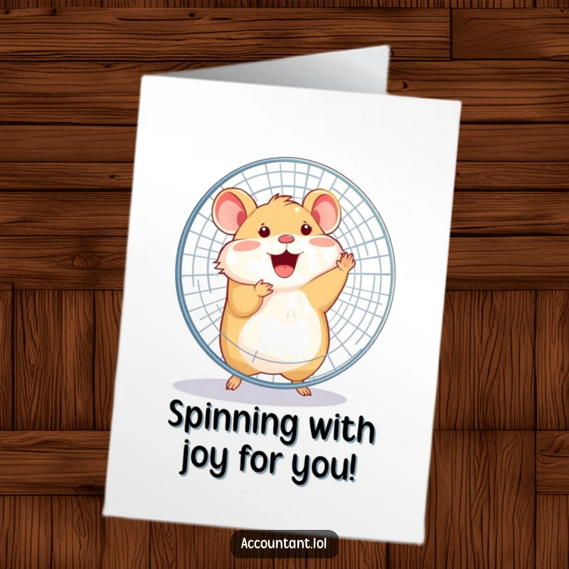 Funny Free Printable Congrats Card: A happy hamster spins enthusiastically around a large office fan, symbolizing energetic success and celebration.