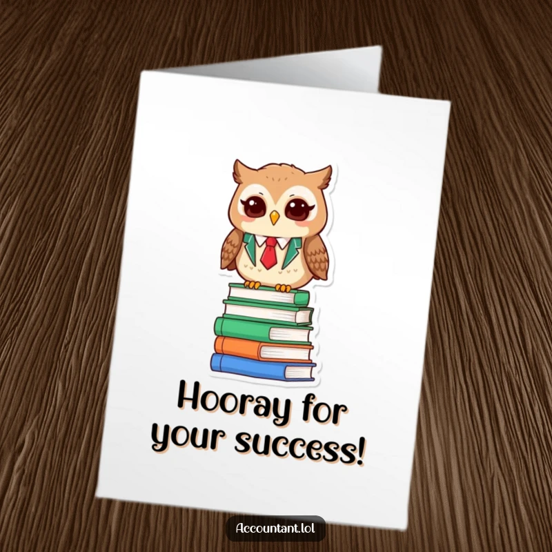 Funny Free Printable Congratulations Card: A wise owl accountant blinks with deep satisfaction, perched on books, celebrating a brilliant success.