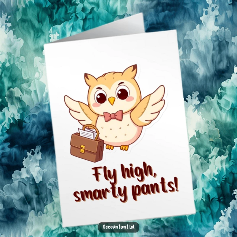 Funny Free Printable Congratulations Card: A happy owl in a bow tie flies with a briefcase, symbolizing achievement and smarts.