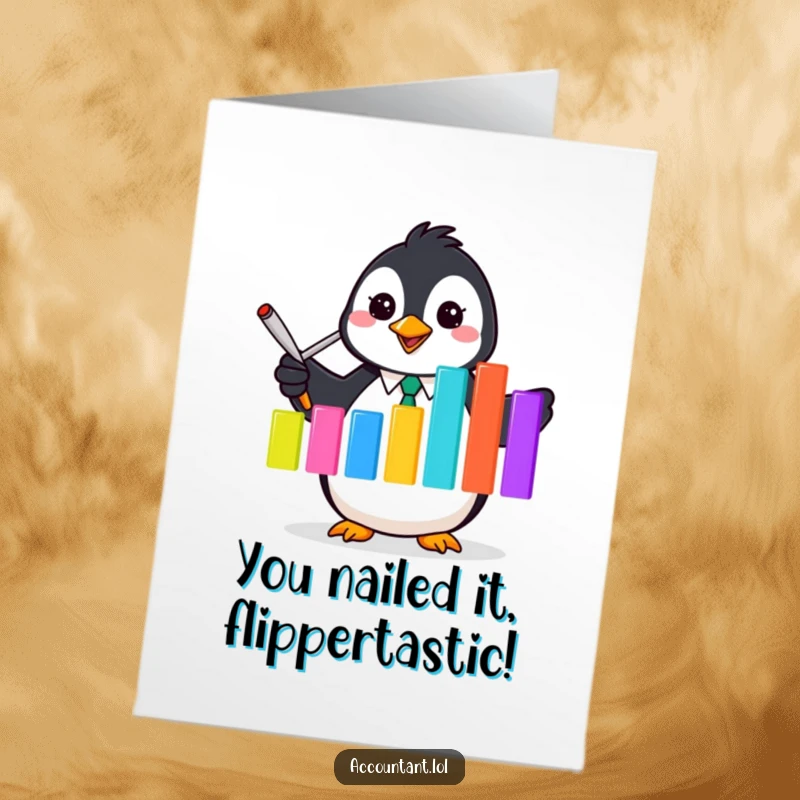 Funny Free Printable Congratulations Card: Excited penguin accountant presents a triumphant bar graph, celebrating a fantastic accomplishment with pure joy.