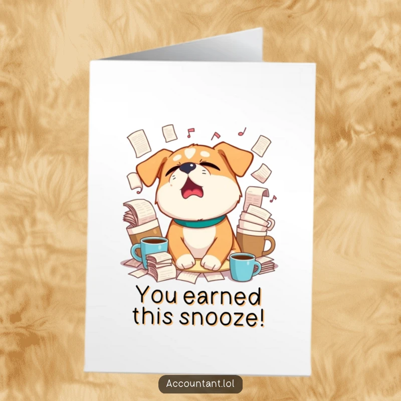 Funny Free Printable Congrats Card: A sleepy dog lets out a huge yawn, surrounded by mountains of coffee cups and job paperwork.