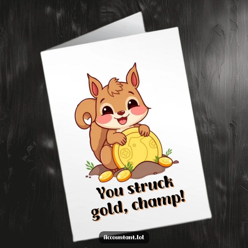 Funny Free Printable Congratulations Card: A happy squirrel gleefully buries a huge golden coin, celebrating big wins.