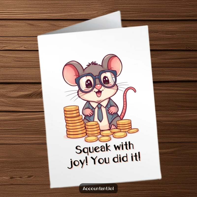 Free Printable Congratulations Card: A delighted mouse accountant in oversized spectacles joyfully sorts stacks of tiny coins.
