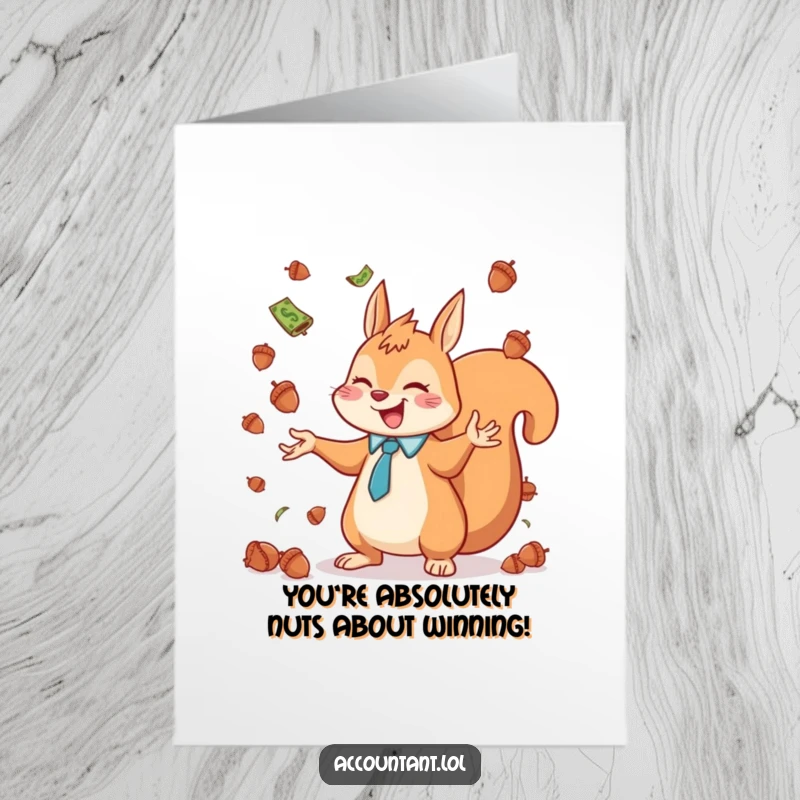 Free Printable Congratulations Card: A happy squirrel accountant joyfully juggles a cascade of acorns, symbolizing success.