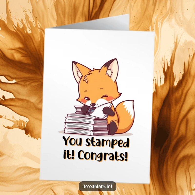 Funny free printable fox card featuring a focused fox meticulously stamping documents, celebrating success. DL size.